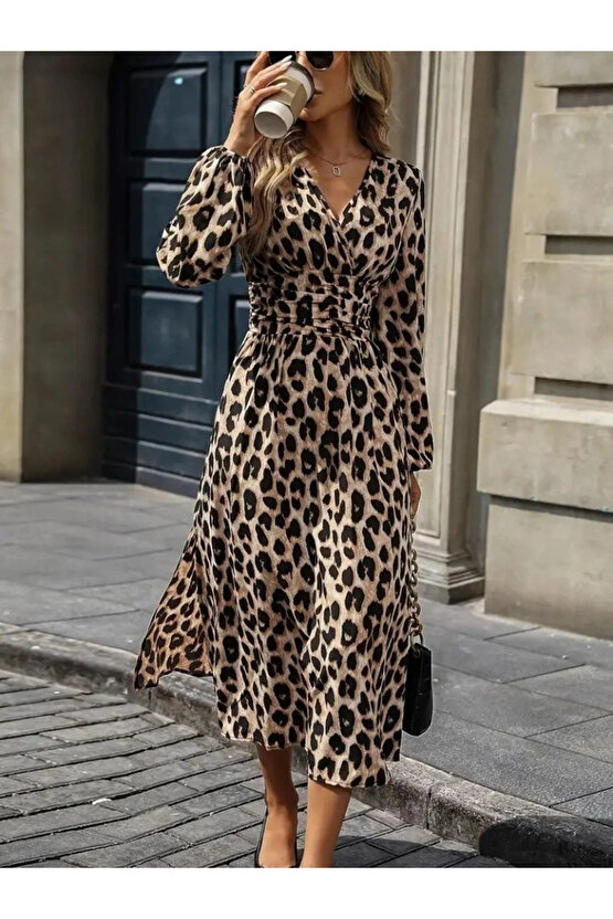 MDB Kadın Uzun Kollu Kruvaze Yaka Belden Oturtmalı Midi Modal Leopar Desenli Elbise