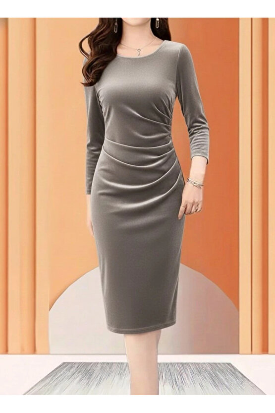 Kadın Uzun Kollu Bot Yaka Yanı Taş Detaylı Midi Kadife Elbise