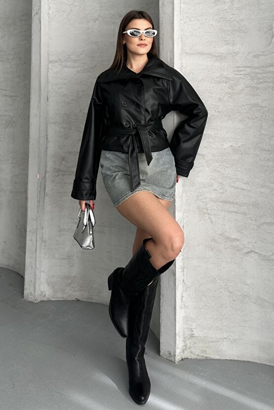 Kadın Deri Trençkot Ceket - Kuşaklı, Düğmeli Crop Biker Suni Deri Mont