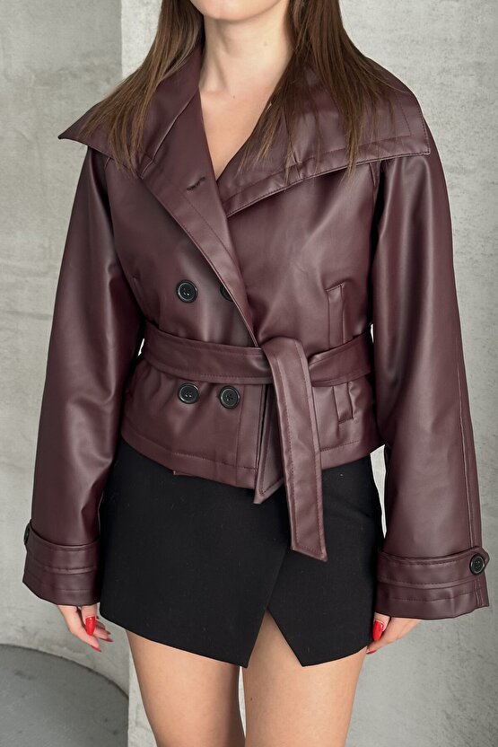 Kadın Deri Trençkot Ceket - Kuşaklı, Düğmeli Crop Biker Suni Deri Mont