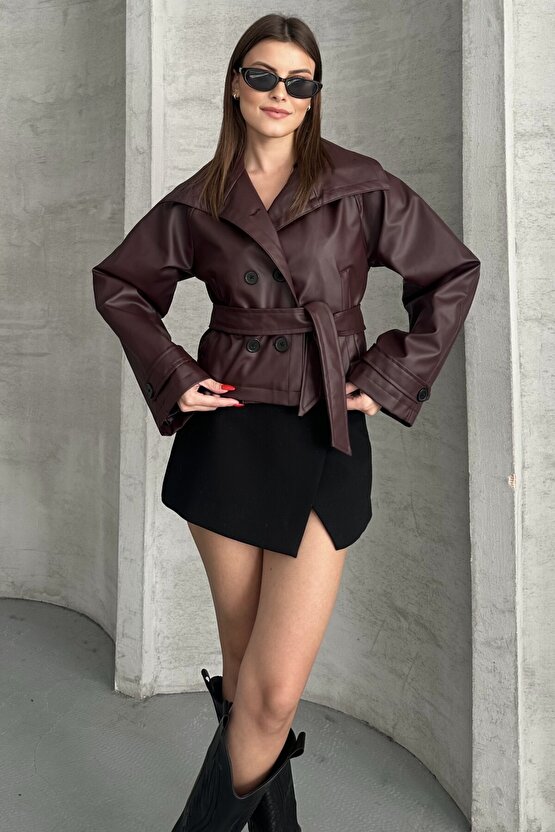 Kadın Deri Trençkot Ceket - Kuşaklı, Düğmeli Crop Biker Suni Deri Mont