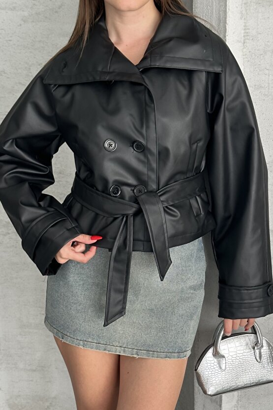 Kadın Deri Trençkot Ceket - Kuşaklı, Düğmeli Crop Biker Suni Deri Mont