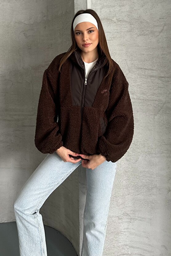 Kadın Oversize Peluş Bomber Ceket - Teddy Kahverengi Polar Mont