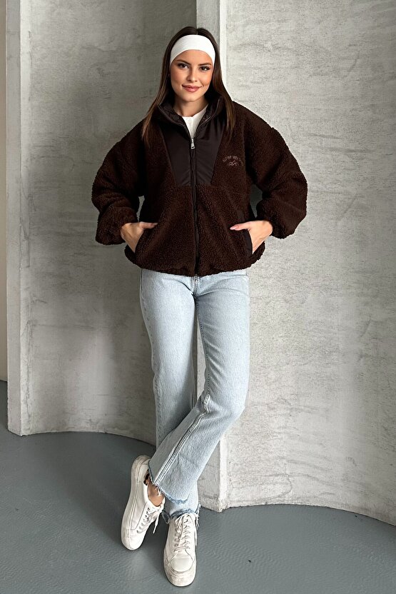 Kadın Oversize Peluş Bomber Ceket - Teddy Kahverengi Polar Mont