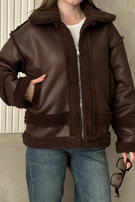 Kadın Kürklü Deri Mont - Oversize Suni Deri Kaban - Shearling İçi Peluş Ceket (Kahverengi  Siyah)