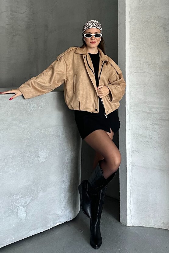 Kadın Oversize Süet Bomber Ceket - Yeni Sezon Deri Trend Ceket
