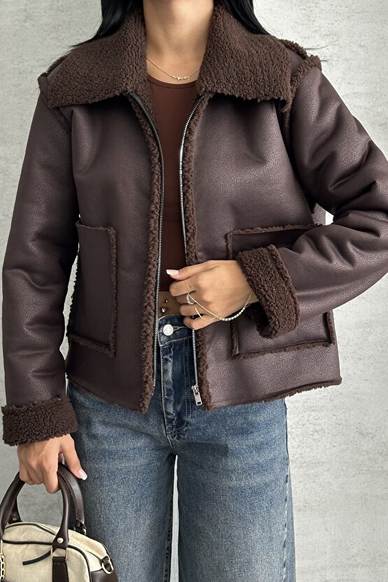 Kadın Çift Cepli İçi Suni Kürklü Suni Deri Biker Mont