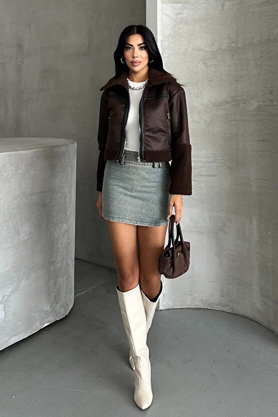 Kadın Peluş Detaylı Crop Biker Suni Deri Mont