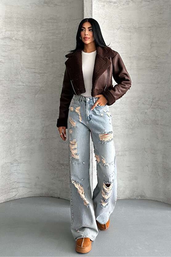 Kadın İçi Kürklü Suni Deri Mont - Crop Biker Deri Ceket