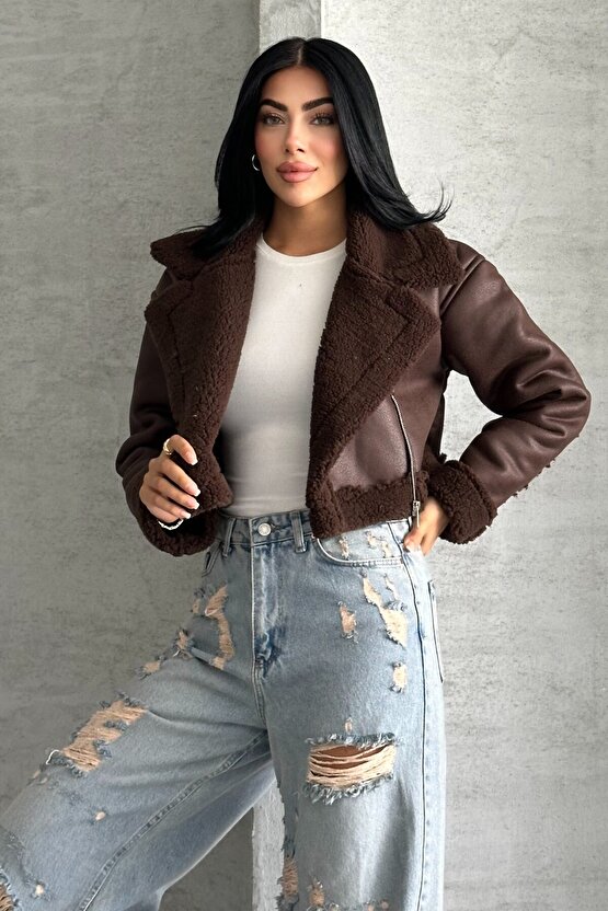 Kadın İçi Kürklü Suni Deri Mont - Crop Biker Deri Ceket