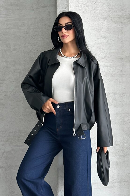 Kadın Oversize Bomber Suni Deri Ceket | Yeni Sezon Kemerli Biker Ceket
