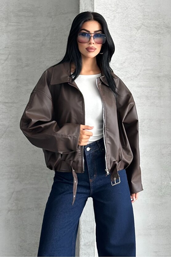 Kadın Oversize Bomber Suni Deri Ceket | Yeni Sezon Kemerli Biker Ceket