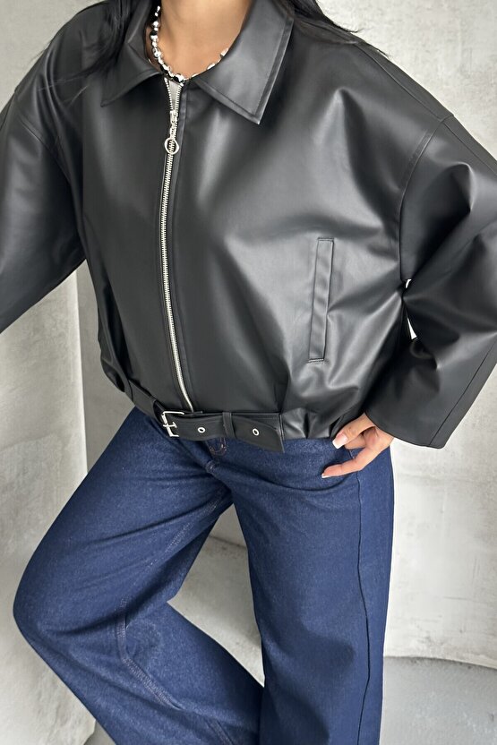 Kadın Oversize Bomber Suni Deri Ceket | Yeni Sezon Kemerli Biker Ceket
