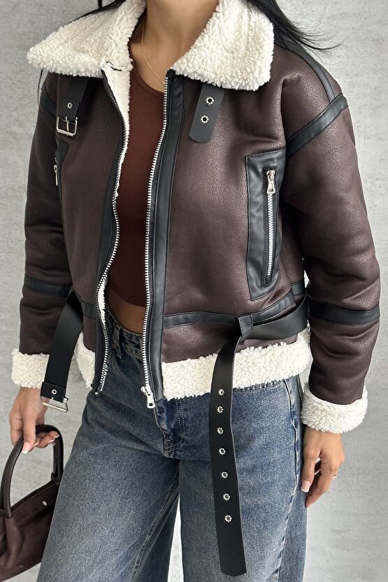 Kadın Kemerli İçi Kürklü Deri Mont - Biker Deri Ceket