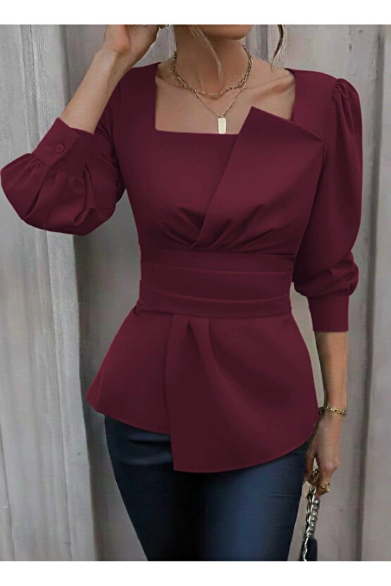 Kadın Uzun Kollu Geometrik Yakalı Belden Oturmalı Ithal Krep Bluz