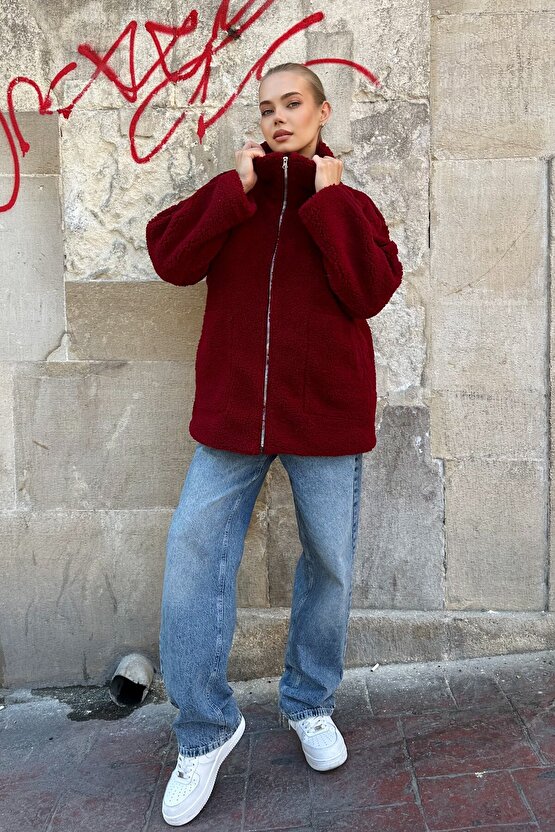 Dik Yakalı Cepli Oversize Kadın Peluş Mont - Bordo