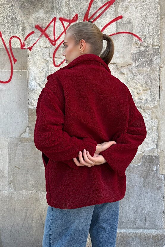 Dik Yakalı Cepli Oversize Kadın Peluş Mont - Bordo