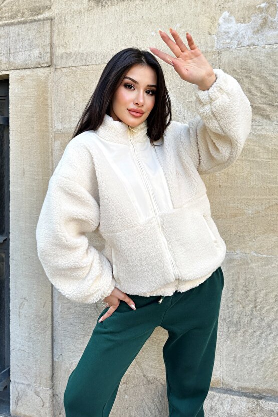 Kadın Polar Peluş Mont - Yumuşak Kürklü Fermuarlı Oversize Ceket - 5194