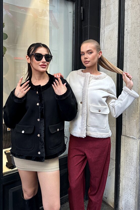 Kadın İçi Suni Kürklü Süet Ceket - Yumuşak Dokulu, Düğmeli