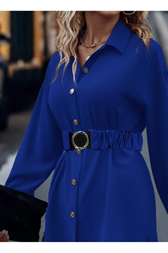 Kadın Uzun Kollu Yakalı önden Düğmeli Belden Kemerli Ithal Krep Bluz