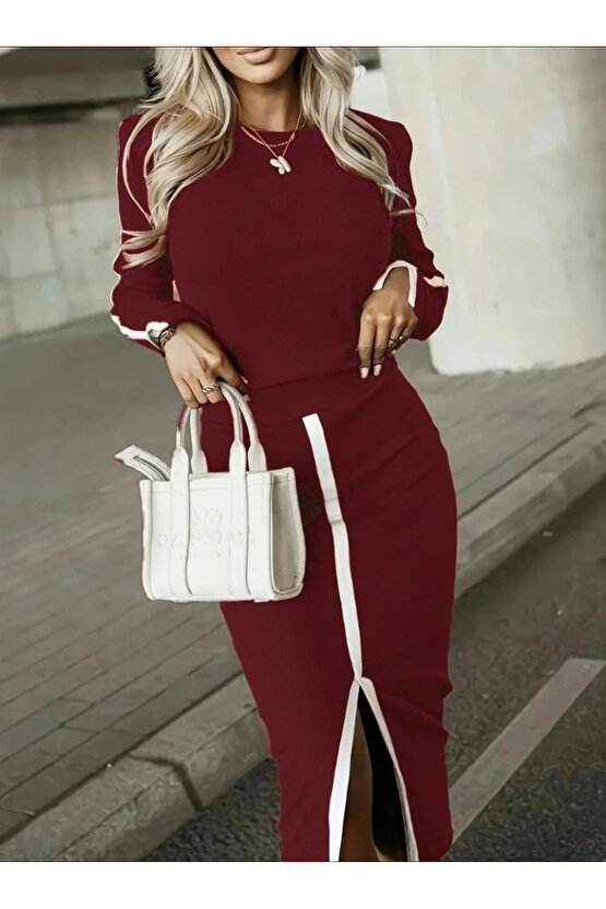 Kadın Uzun Kollu Bisiklet Yaka Kaşkorse Bluz Ve Yırtmaçlı Etek Ikili Takım