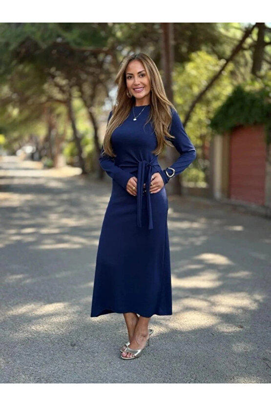 Kadın Uzun Kollu Bisiklet Yaka Yandan Bağlamalı Uzun Modal Elbise