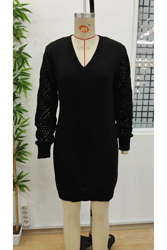 MDB Kadın Uzun Kollu V Yakalı Mini Triko Elbise