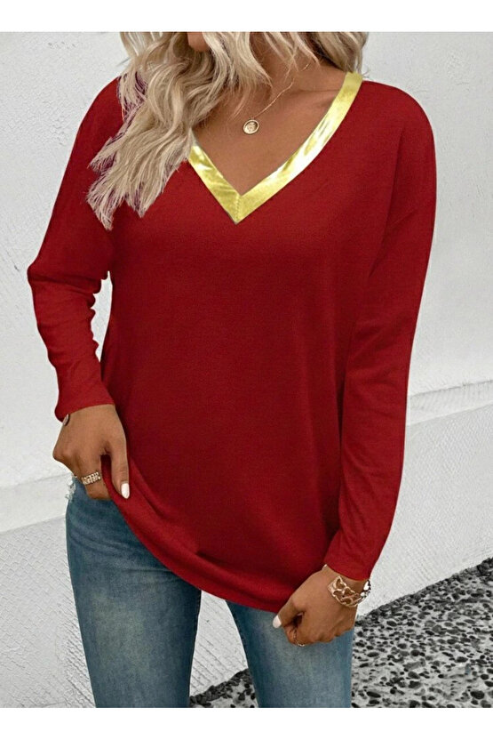 Kadın Uzun Kollu V Parlak Yaka Detaylı Viskon Bluz