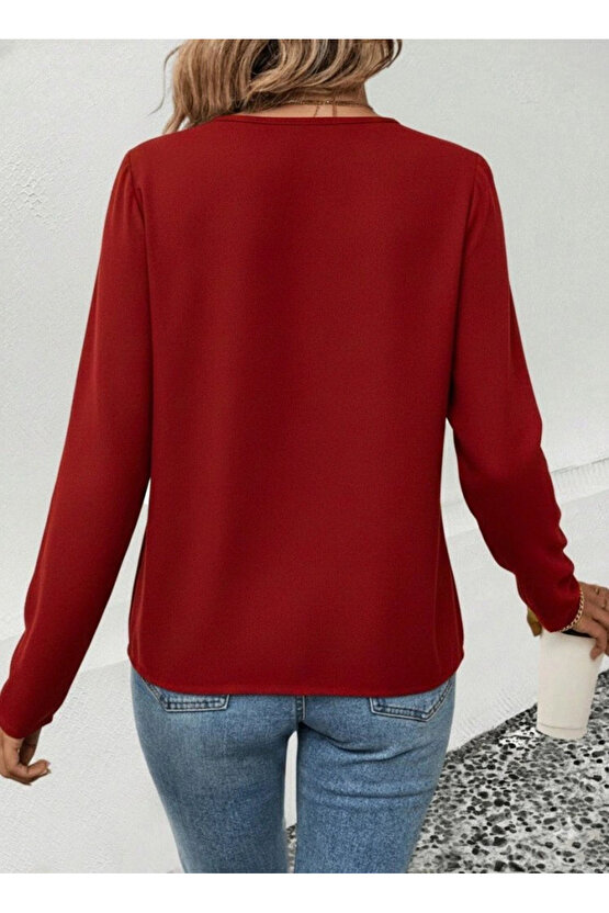 Kadın Uzun Kollu V Parlak Yaka Detaylı Viskon Bluz