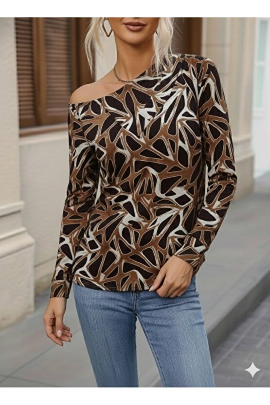 Kadın Uzun Kollu V Yaka Düşük Omuz Geometrik Desen şardonlu Dalgıç Bluz