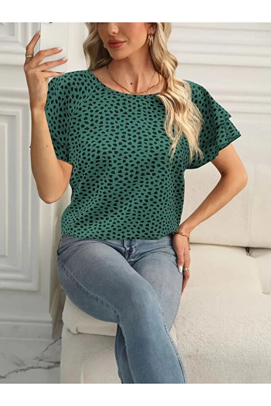 Kadın Kısa Kollu Kolları Volanlı Baskılı Süprem Bluz