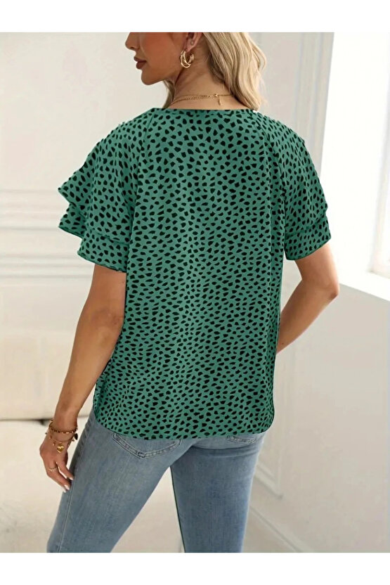 Kadın Kısa Kollu Kolları Volanlı Baskılı Süprem Bluz