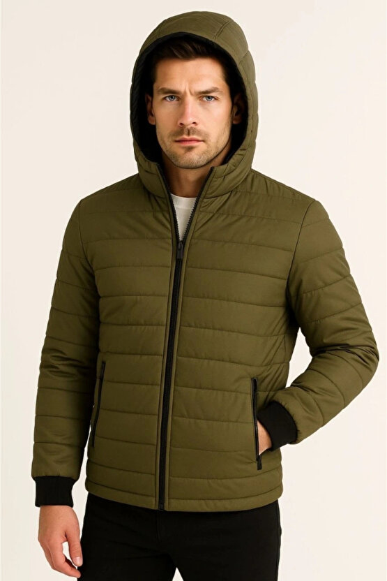 Erkek Şişme Kapüşonlu Fermuarlı Mont Su Itici Kapitone Astarlı Kumaş Cepli Kışlık Rahat Kalıp - Haki