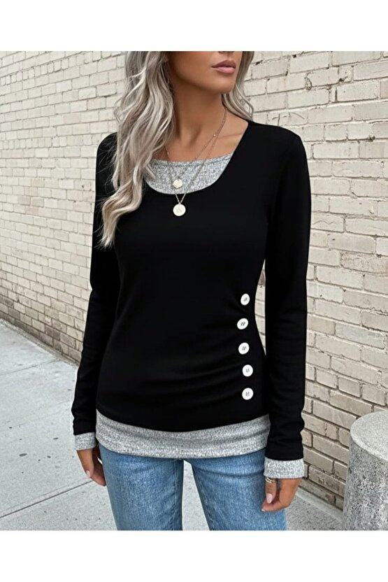 EQURİ Kadın Uzun Kollu Yuvarlak Yaka Blok Renkli Yandan Düğmeli Viskon Bluz