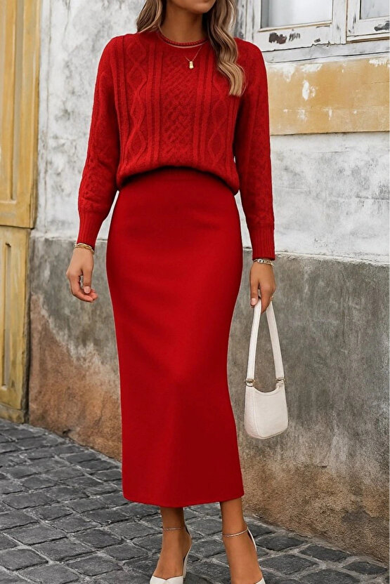 Kadın Uzun Kollu Balıkçı Yaka Bluz Ve Etek Ikili Triko Takım