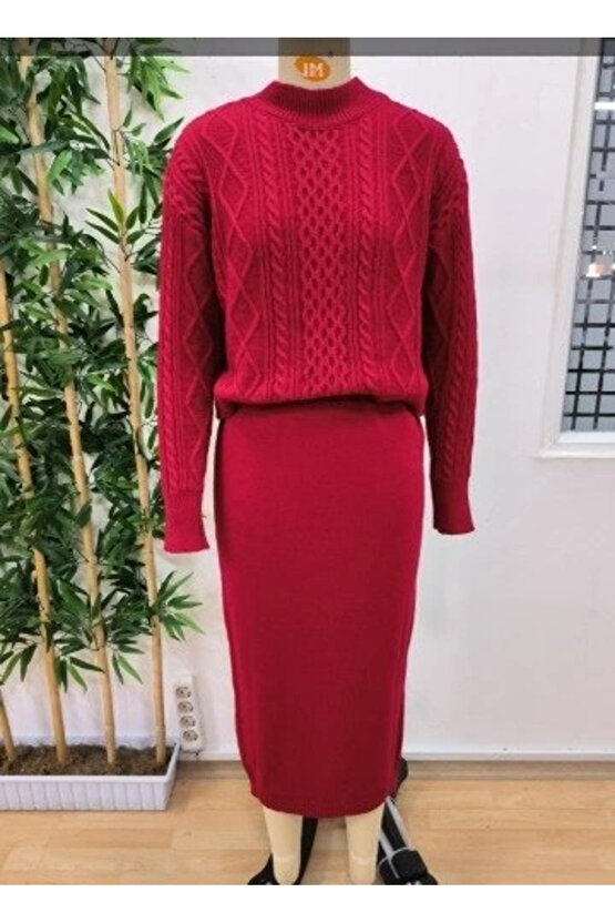 Kadın Uzun Kollu Balıkçı Yaka Bluz Ve Etek Ikili Triko Takım