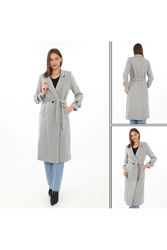 Kadın Balık Sırtı Kaşe Kaban – Uzun Boy Kruvaze Yaka Kuşaklı Astarlı Kışlık Tesettür Kaban, Yünlü Do