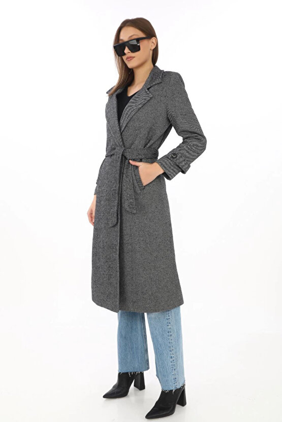 Kadın Balık Sırtı Kaşe Kaban – Uzun Boy Kruvaze Yaka Kuşaklı Astarlı Kışlık Tesettür Kaban, Yünlü Do