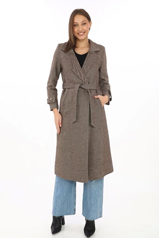 Kadın Balık Sırtı Kaşe Kaban – Uzun Boy Kruvaze Yaka Kuşaklı Astarlı Kışlık Tesettür Kaban, Yünlü Do