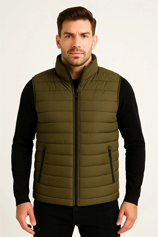 Erkek Şişme Fermuarlı Yelek Su itici Kapitone Astarlı Kumaş Cepli Hafif Kışlık Spor Rahat Kalıp - Ha