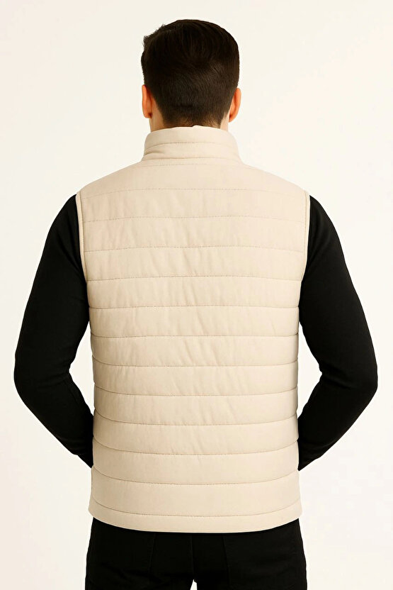 Erkek Şişme Fermuarlı Yelek Su itici Kapitone Astarlı Kumaş Cepli Hafif Kışlık Spor Rahat Kalıp -Bej