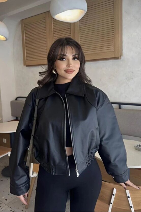 Unisex Deri Bomber Kolej Ceket