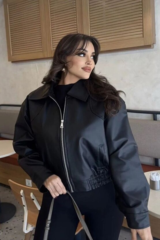 Unisex Deri Bomber Kolej Ceket