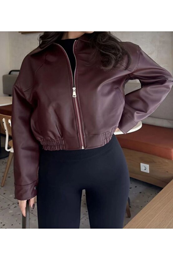Yaka Detaylı Deri Bomber Ceket