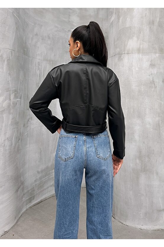 Bel Kemer Detaylı Crop Biker Deri Ceket