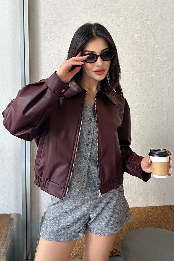 Yakalı Suni Deri Bomber Ceket