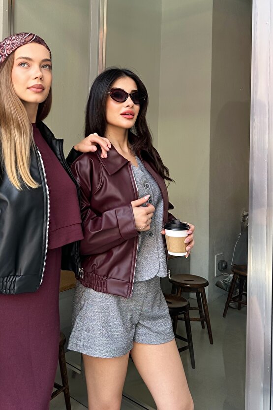 Yakalı Suni Deri Bomber Ceket