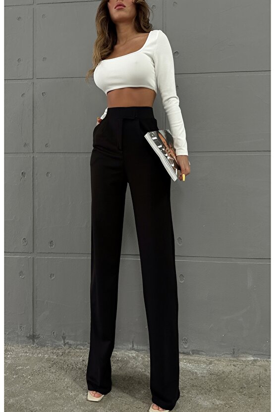 KOPYA - Cırtlı Ayarlanabilir Bel Likralı Palazzo Pantolon