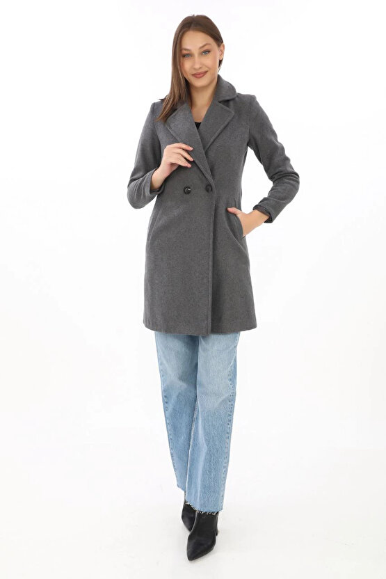 Kadın Kaşe Kaban – Siyah Yünlü Dokuma, Kruvaze Yaka, Astarlı, Cepli, Kuşaklı Uzun Boy Tesettür Uyuml