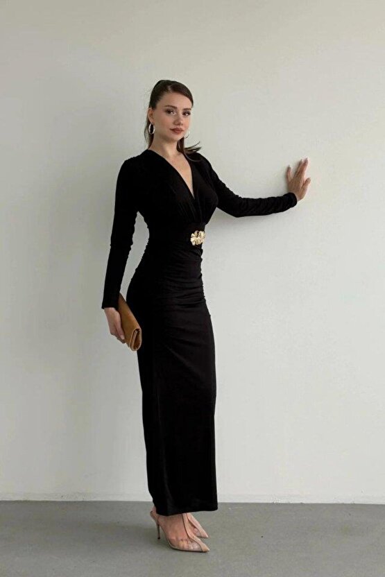 Aksesuarlı Kemerli Drapeli Uzun Elbise